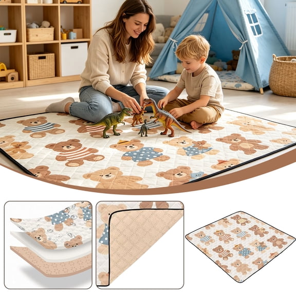 weibbin Cartoon Bear Play Mat 50x50in Soft Crawling Mat Waterproof Non Slip