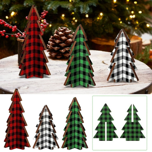 weibbin Christmas Decor 3 Pieces Acrylic Table Rustic Christmas Tree Farmhouse Wooden Xmas Centerpiece for Small Table Xmas Trees Tiered Tray Decoration(Buffalo Plaid )