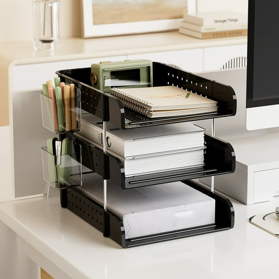 weibbin Desk Organizers and Storage, 3 Tier Clear Heightened Desk Organizer, Stackable Paper Tray Organizer for Document, Letter, A4 File Paper, Desk Accessories, Office Supplies