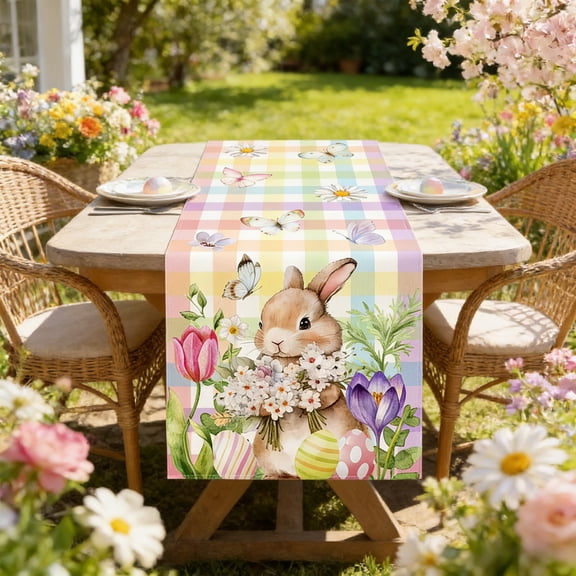 weibbin Easter Bunny And Egg Table Runner Tablecloth Linen-textured Placemats, Living Room Dining Room Decor 70.873x12.99in