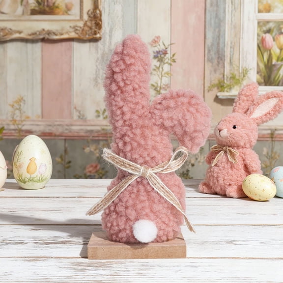 weibbin Easter Bunny Figurine Wooden Body Faux Tail 6in Spring Home Decor for Shelf Tabletop Display