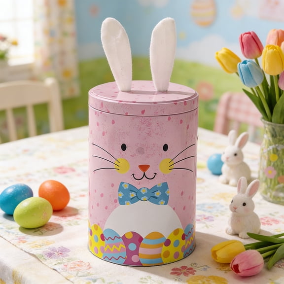 weibbin Easter Bunny Tin Candy Jar Storage Box with Lid 6.29x4.13 Inch Decorative Container for Home Kitchen Pink
