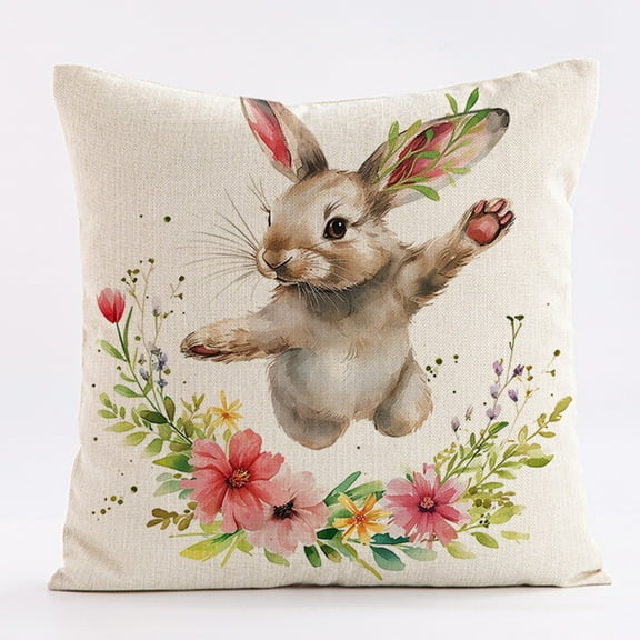 weibbin Easter Floral Garland Bunny Throw Printed Linen Peach Fleece Pillow Cover, Spring Rabbit Holiday Cushion Case Decoration for Sofa Couch