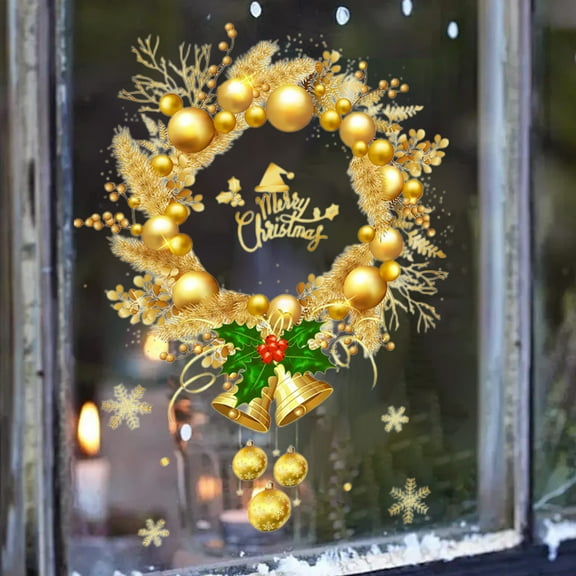weibbin Gold Christmas Wreath - Window Clings for Glass - Static Wall Window/Door Mural Showcase Decal - 15.75x23.62 in