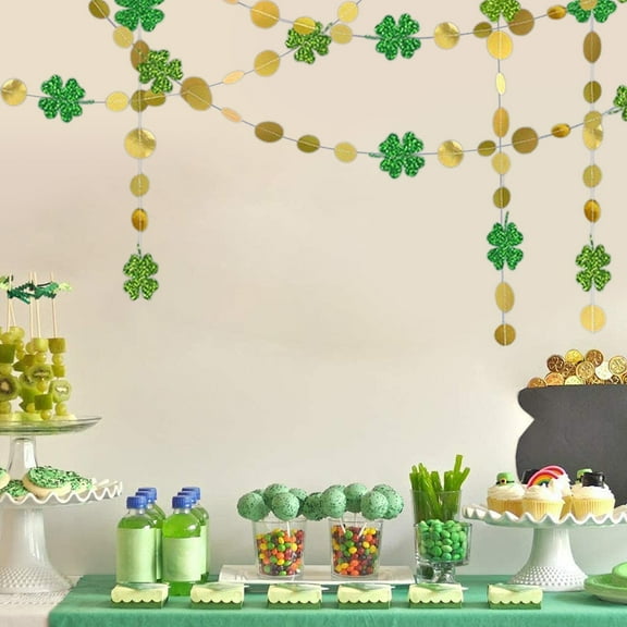 weibbin Green Shamrock Garland St Patricks Day Decorations - 4 Leaf Clover Glitter St Paddy's Day Garland Hanging Streamers for St. Patrick's Day Irish Party Supplies and Spring Decor