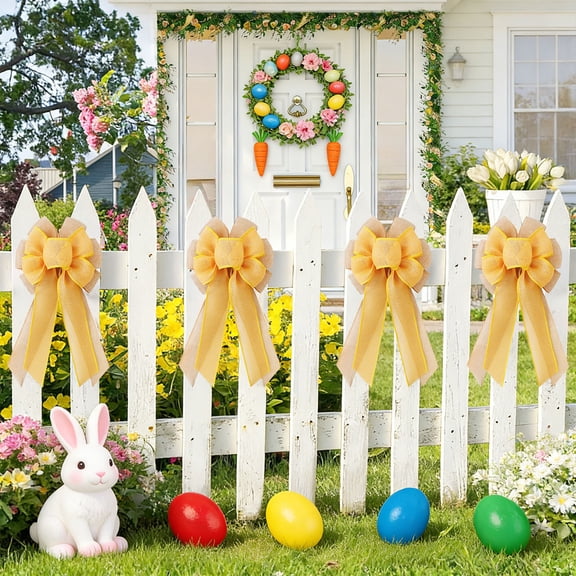 weibbin Handcrafted Easter Bow With Faux Linen Ribbon for Holiday Wreath Package Decoration, Yellow