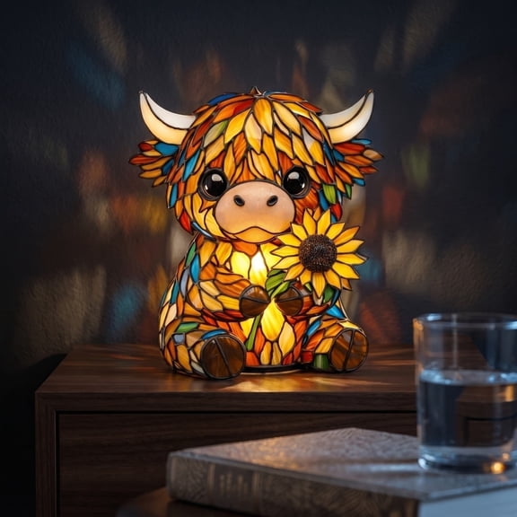 weibbin Highland Cow Sunflower LED Night Light, 15cm Colorful Resin Table Lamp, Bedroom Desk Bookshelf Decoration, Gift for Cow Enthusiasts