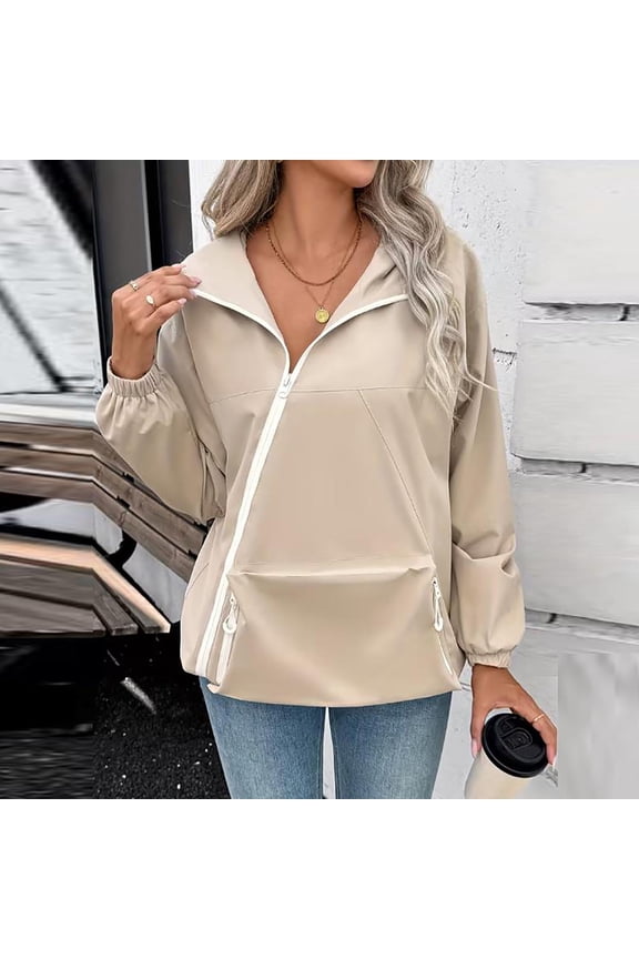 Hooded Wind Pullover for Women Half Diagonal Zip Oversized Kangaroo Pocket Elastic Cuff Loose Fit Lightweight Casual Outer Jacket