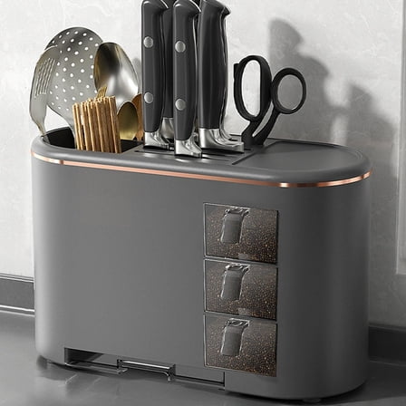 weibbin Kitchen Knife Holder,Stainless Steel Universal Knife Block for Countertop,Seasoning Storage & Knife Utensil Holder for Counter,Edge-Protect Knife Storage Organizer