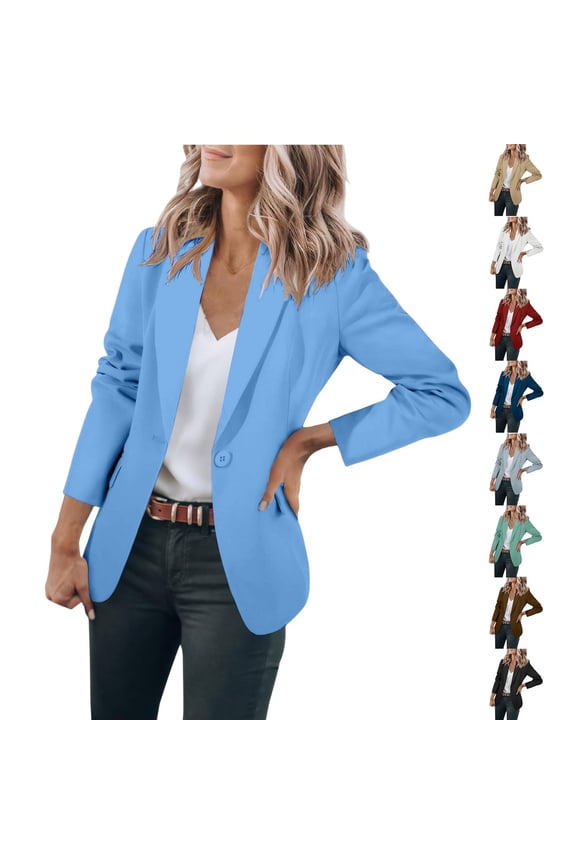 Long Sleeve Single Button Open Front Blazer for Women Notched Collar Side Pocket Relax Drape Casual Work Suit Jacket