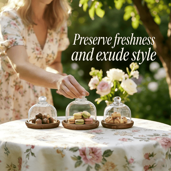 weibbin Mini Glass Dessert Dome 6 Inch with Wooden Base, Glass Cake Cloche Cover, Food Display Stand for Kitchen
