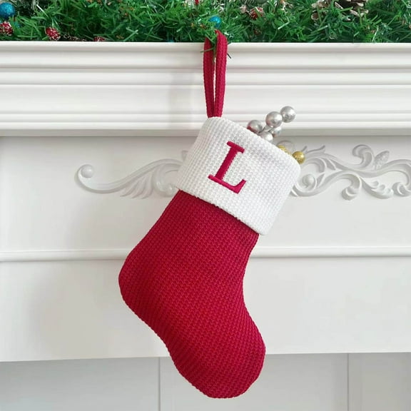 weibbin Mini Red Knit Stocking, 7 Inches Initial Monogram Embroidered Christmas Stocking,Family Fireplace Hanging Ornament Xmas Holiday Decor Gift