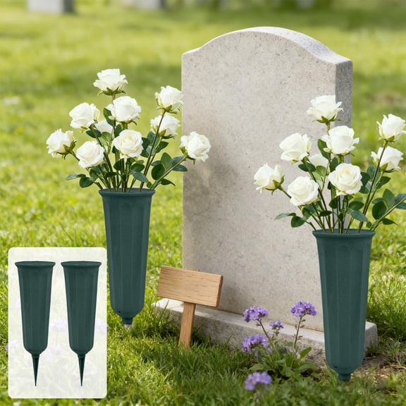 weibbin Outdoor Ground Vase 2-Pack, Green ABS Memorial Flower Vases with Stakes for Fresh & Artificial Flowers, Lawn Decoration for Weddings & Cemeteries, 9.84x2.95 in