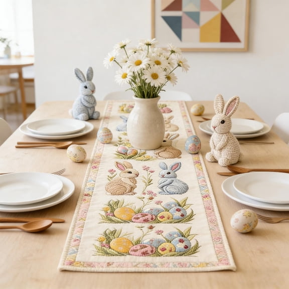 weibbin Printed Quilted Table Runner with Easter Bunny for Dining Room Home Decor, 14x48 Inches, Multicolor
