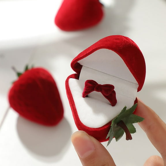 weibbin Ring Box Strawberry Ring Strawberry Ring Case Ring Bearer Wedding Ring Case Earring Storage Case Flocking Display Stand Gift Box Valentine's Day Gift