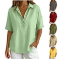 thumbnail image 1 of HongQid Short Sleeve Collared Henley Cotton Shirt for Women Partial Button Placket Drop Shoulder Loose Curved Hem Breathable Woven Casual Tunic, 1 of 6