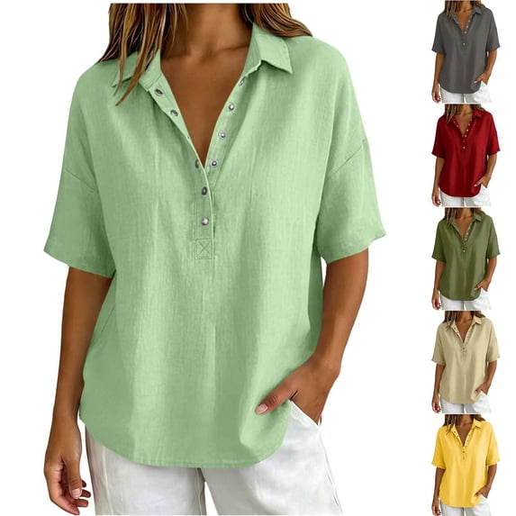 HongQid Short Sleeve Collared Henley Cotton Shirt for Women Partial Button Placket Drop Shoulder Loose Curved Hem Breathable Woven Casual Tunic
