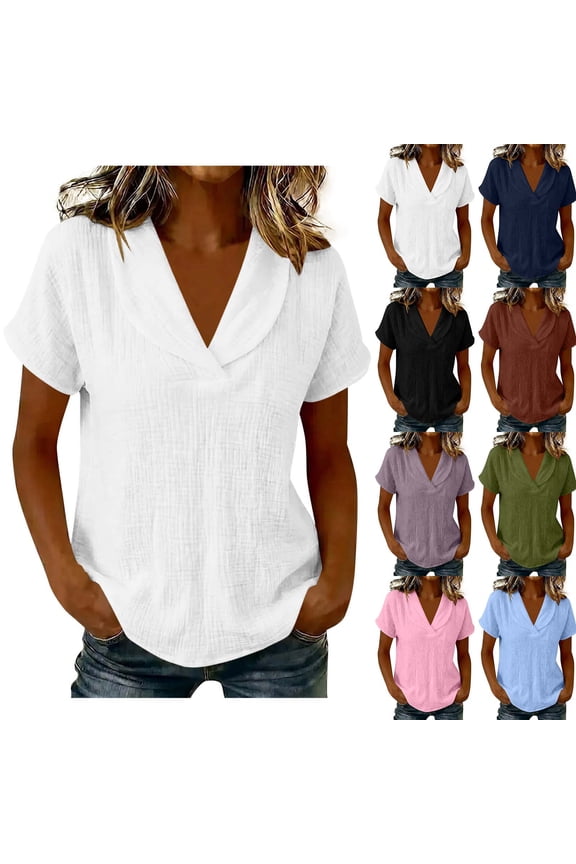 Short Sleeve Wrap Collar V Neck Textured Linen Blouse for Women Waffle Grid Woven Curved Hem Breathable Casual Top