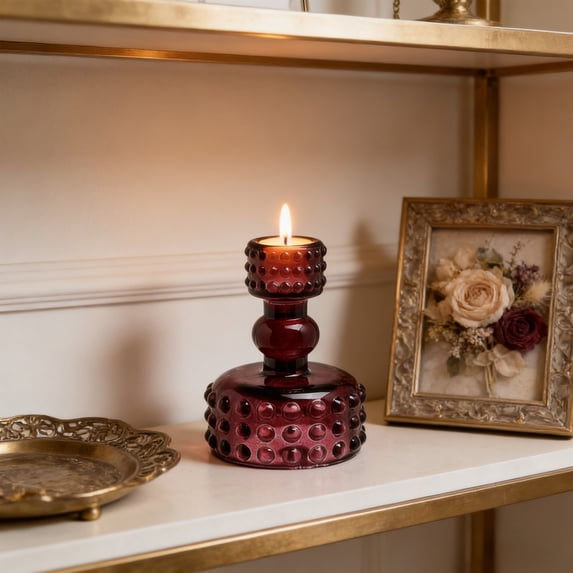 weibbin Small Glass Candle Holder for Table Centerpiece Decor, 3.94x1.38 Inches, Purple