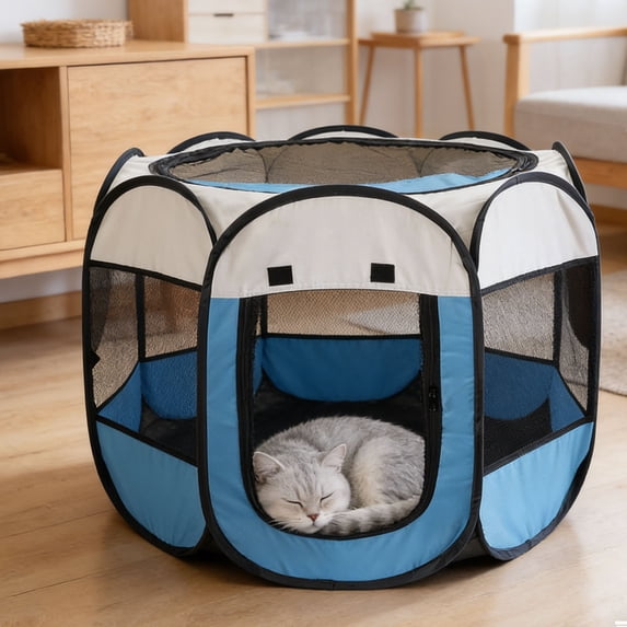 weibbin Small Octagon Pet Playpen Pink Blue Foldable Indoor Outdoor Puppy Tent with Zipper Door Waterproof Mat