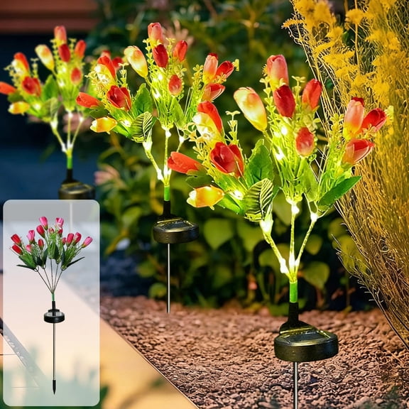weibbin Solar 5-Head Tulip Garden Light - Waterproof Ground Spike Light for Outdoor Courtyard Decoration, 26.4in, Red