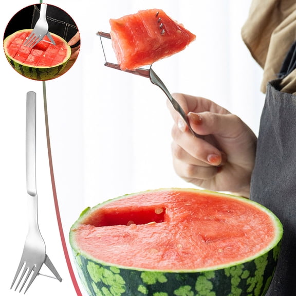 weibbin Stainless Steel Watermelon Fork 2 in 1 Fruit Cutter and Fork Portable Tableware Silver