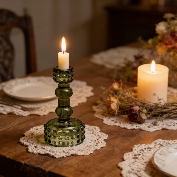 weibbin Tall Glass Candle Holder for Dining Table Centerpiece Decor, 5.31x1.38 Inches, Green