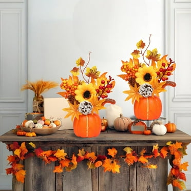 weibbin Thanksgiving Decorations Artificial Pumpkins, Decorative Pumpkin with Maple and Flowers for Harvest Fall Decor Table Centerpiece Home Kitchen Party