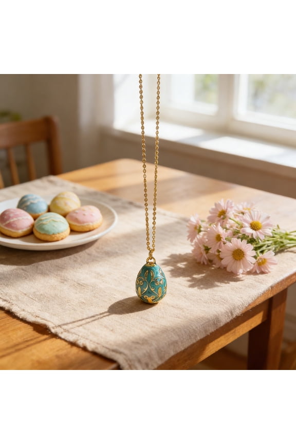 Vintage Easter Egg Pendant Necklace Enamel Zircon Gold Chain Floral Bunny Design for Women Spring Holiday Jewelry Gift Green