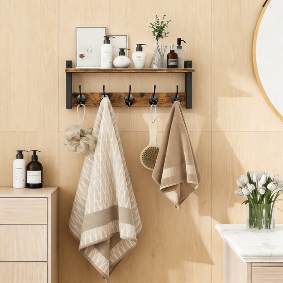 weibbin Wall Mounted Solid Wood Storage Rack 17.1x1.6x18.5in for Bathroom Entrance, Brown Key Shelf