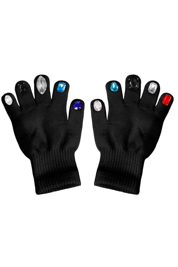 Winter Gloves with Crystal Ornament, Acrylic Knit Full Finger Warm Mittens for Cold Weather Outdoor Activities, Color Black