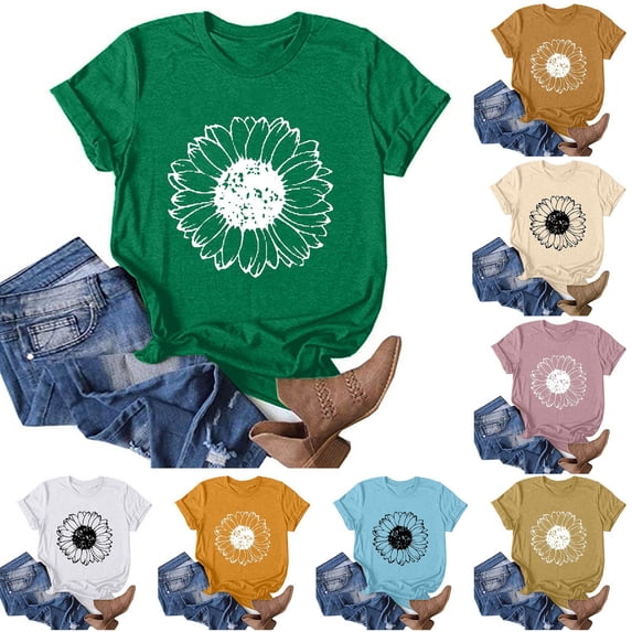 HongQid Womens Crew Neck Blouse Sunflower Print Short Sleeve Basic T Shirt Soft Graphic Tee Summer Beach Vacation Tops