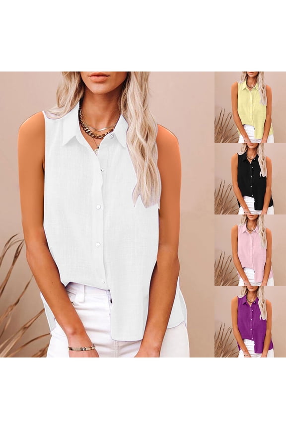Womens Sleeveless Linen Shirt Collar Full Button Down Side Split Curved Hem Loose Fit Breathable Casual Blouse