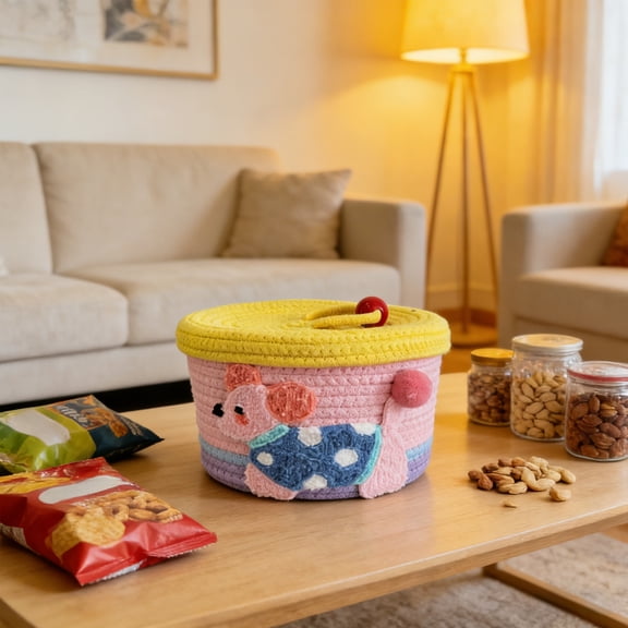 weibbin Woven Rope Storage Basket with Lid, 9x6 Inches Handmade Cotton Organizer for Toys, Snacks, and Home Decor in Pink