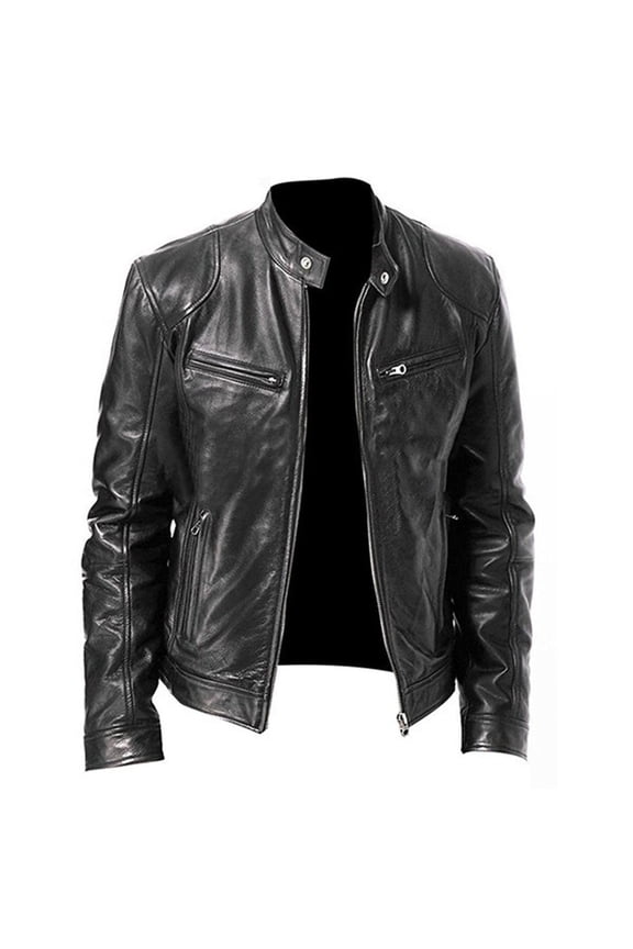 Men's Leather Men Vintage Cool Jacket Leather Long Sleeve Autumn Winter Stand Collar Club Coat Black XXL