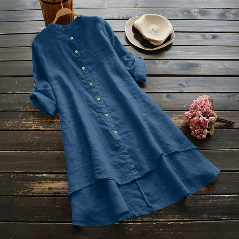wendunide long sleeve shirts for women Women Casual Loose Linen Soild  Button Long Sleeve Long Shirt Blouse Tops Blue