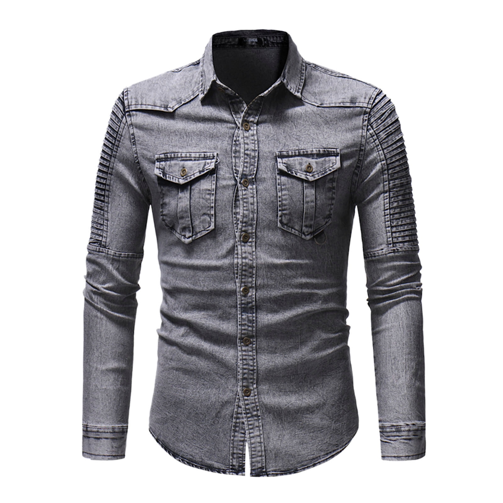wendunide mens shirts Top Long Men's Blouse Pleated Stitching Sleeved Turn Down Collar Denim Men's Blouse Mens Dress Shirts Gray L