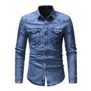 wendunide mens shirts Top Long Men's Blouse Pleated Stitching Sleeved Turn Down Collar Denim Men's Blouse Mens Dress Shirts Sky Blue M