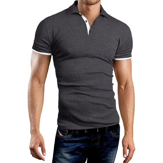 wendunide polo shirts for men Mens Fashion Casual Sports Solid Color Turndown Collar Short Sleeve Shirt Top Blouse Mens Polo Shirts Dark Gray XXL