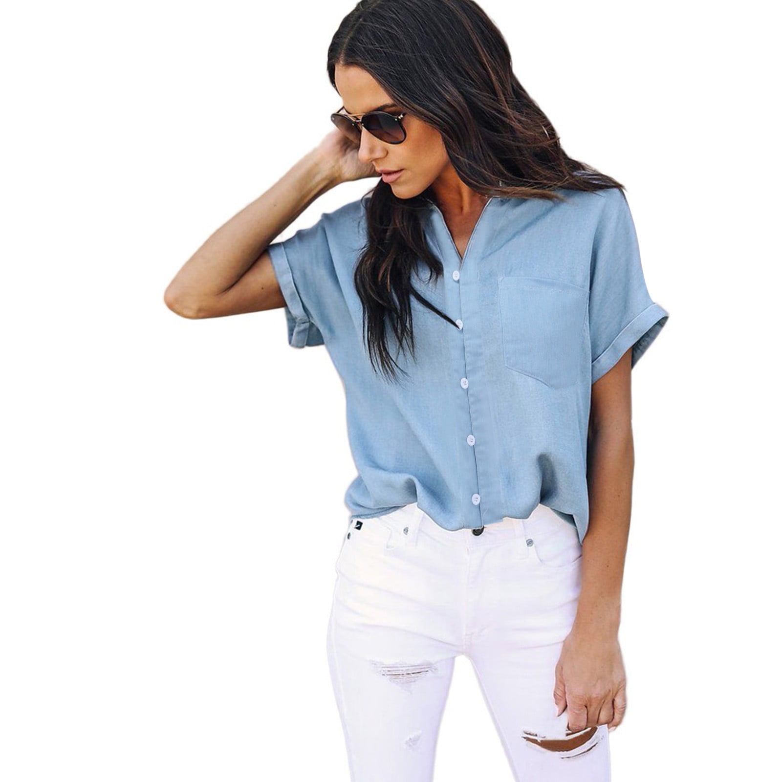 wendunide shirts for women Women Soft Denim Shirt Tops Blue Jean Button