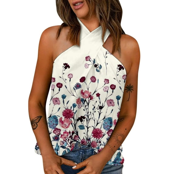 wendunide tank top for women Womens Fashion Summer Tank Top Slim Halter Casual Print Sleeveless Top Womens Tanks Red M