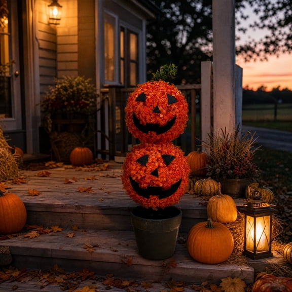wenhour 2-Tier Artificial Pumpkin Topiary, Stacked Jack-O-Lantern Faux Leaf Tree with Orange Foliage for Front Door, Porch, Entryway, Mantel and Halloween Fall Decor