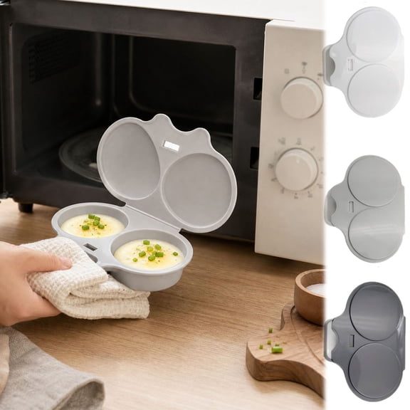 wenhour Light Gray 2-Pack Egg Poaching Containers, Dual-Cavity Plastic Microwave Cookers with Lids and Handles for Breakfast Preparation, Home, Office, Dorm and Travel