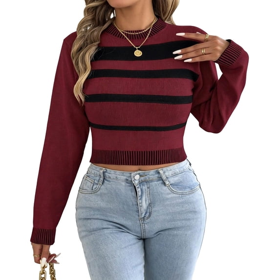 wenini Women's Striped Cropped Knit Sweater Long Sleeve Crew Neck Pullover Top 2026 fall winter fashion sweater