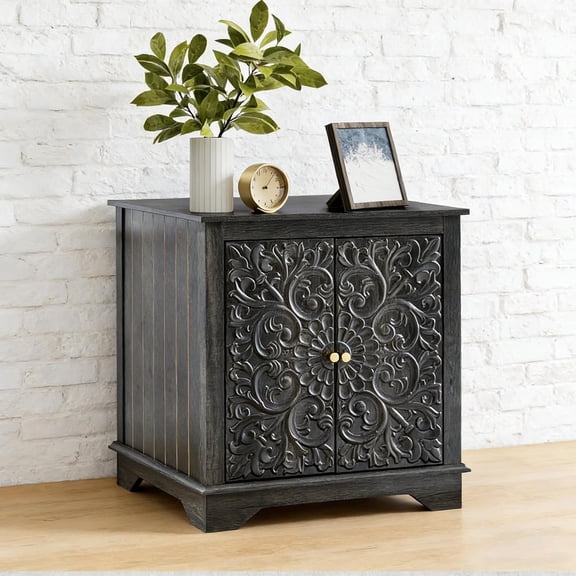 weselon Farmhouse End Table with Carved Floral Door, 24" Wide Nightstand with Adjustable Shelf, Wooden Square Sofa Side Table Storage Table for Living Room Bedroom (Antique Black-Brown)