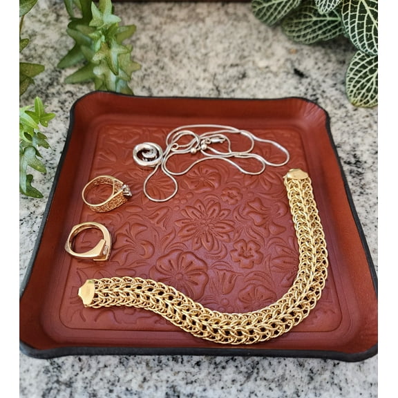 western floral leather valet tray, deep embossed pattern, premium firm leather, hand made in the USA