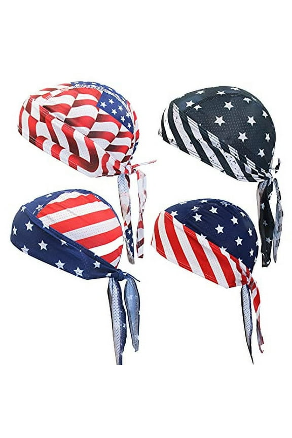 4 Pack Dew Rags Sweat Wicking Doo, Cycling Motorcycle Quick Drying Beanie Caps (USA Doo Rag)