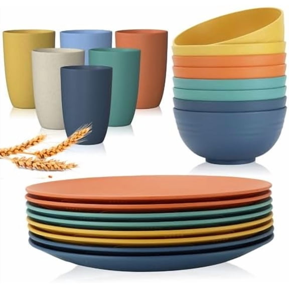 wheat straw bowls and flat plates bundle with cups - unbreakable dinnerware sets of 22 - Colorful series
