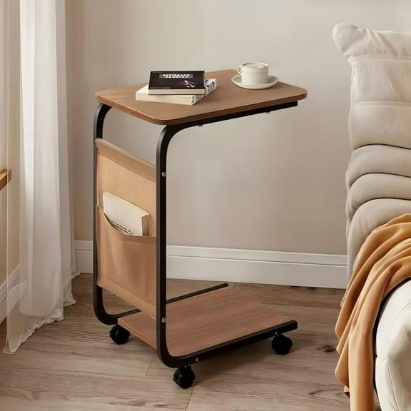 A wheeled double-layer storage sofa side table, coffee table and bedside sofa. It features a sturdy metal frame, saves space and is easy to move, with 360 rotatable C-shaped wheels.