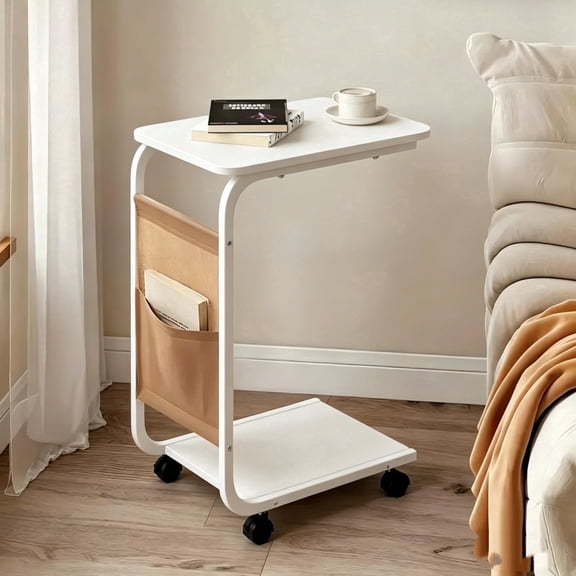 Wheeled Double Layer Storage Sofa Side Table, Coffee Table, Bedside Table, Sturdy Metal Frame, Space Saving, Easy To Move, 360° Rotatable C‑Shaped Wheels